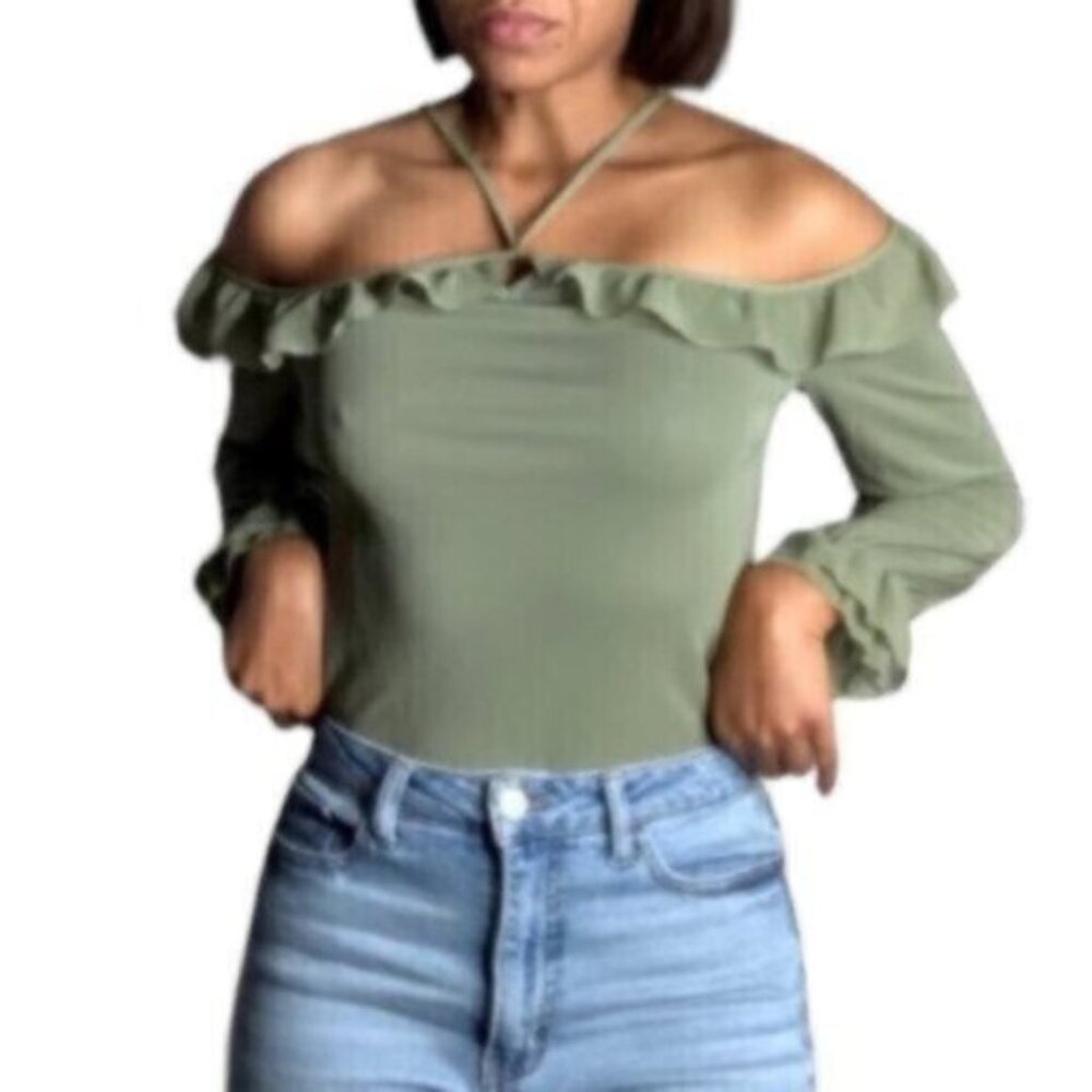White House Black Market Off the Shoulder Ruffle Boho Long Sleeve Blouse